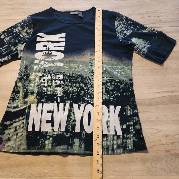Apt. 9 New York T-Shirt NYC Skyline All Over Print Bling Rhinestone Womens Large - Picture 11 of 11